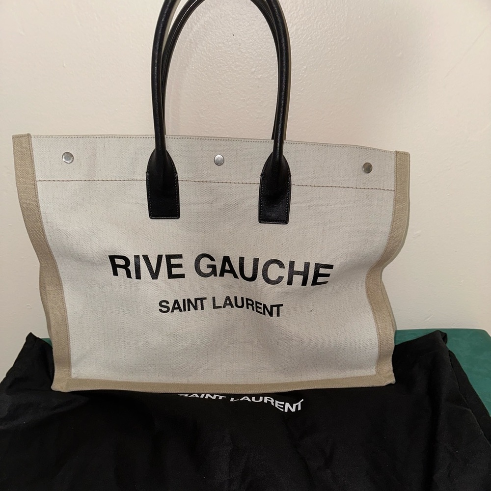 Saint Laurent Rive Gauche Linen & Leather White Multi Tote